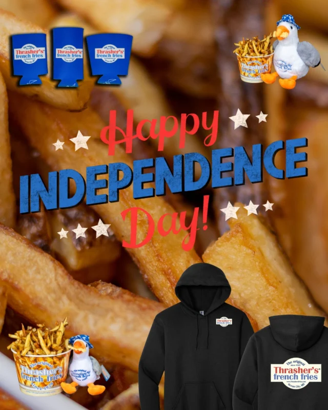Freedom, fries, and fresh new merch. Happy 4th of July from all of us at Thrasher’s! ❤️🤍💙 Link in bio.